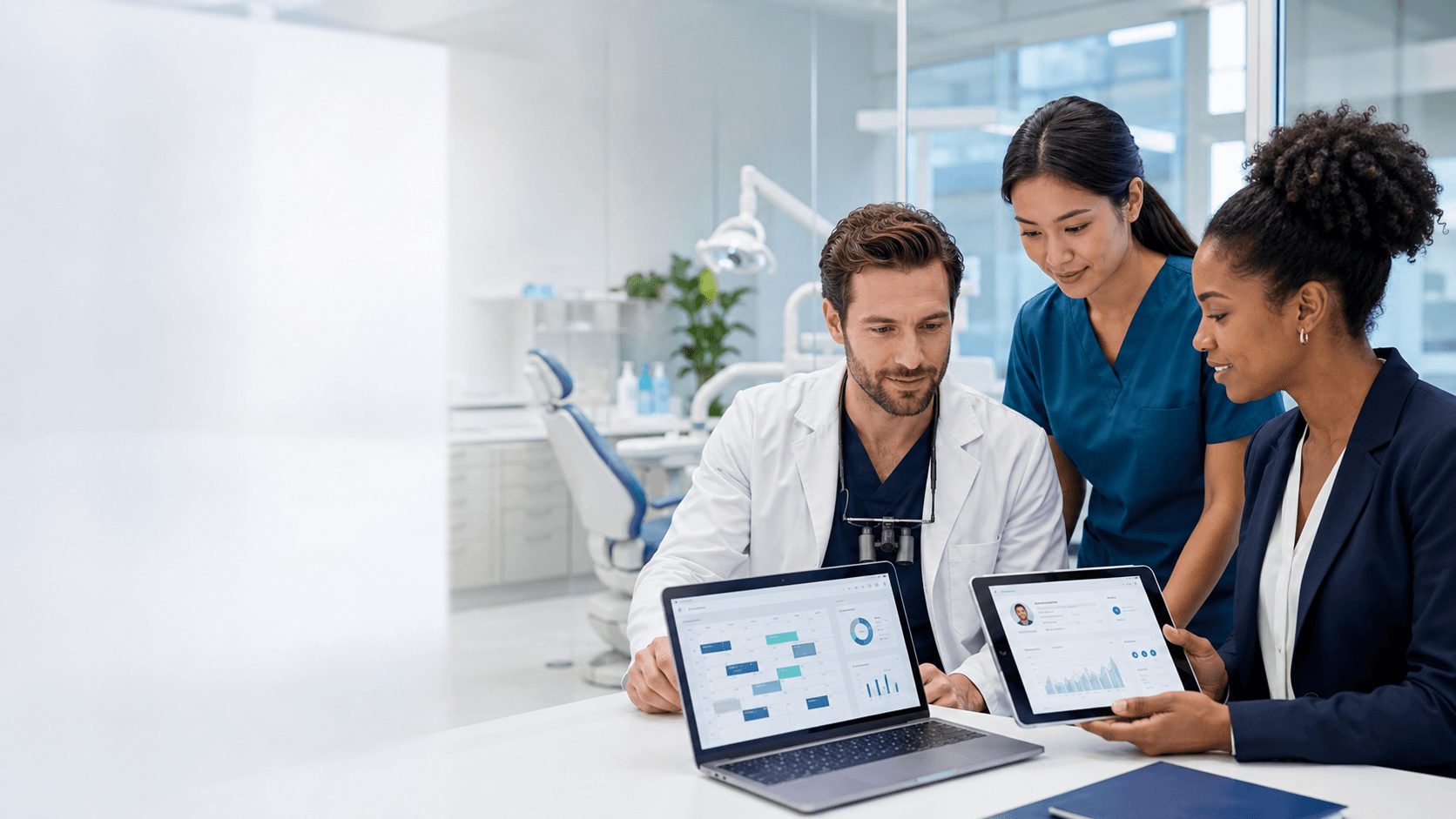 A dentist, a dental assistant, and a clinic administrator reviewing patient and scheduling data together on a laptop and tablet