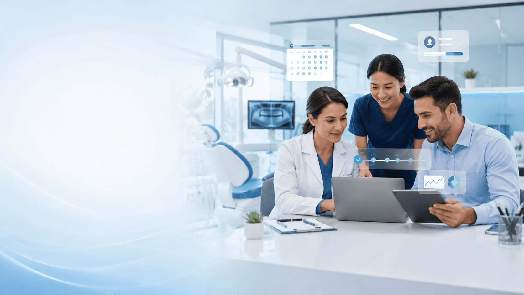 A dentist, a dental assistant, and a patient reviewing a treatment plan together on a laptop and tablet in a modern clinic