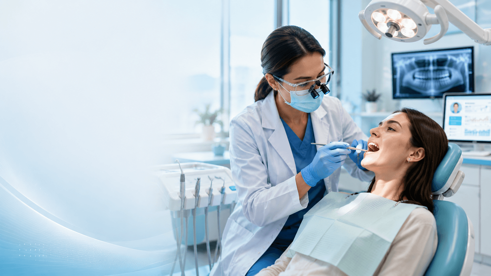 A dentist examining a patient in a treatment chair, with the patient's information visible on a nearby monitor